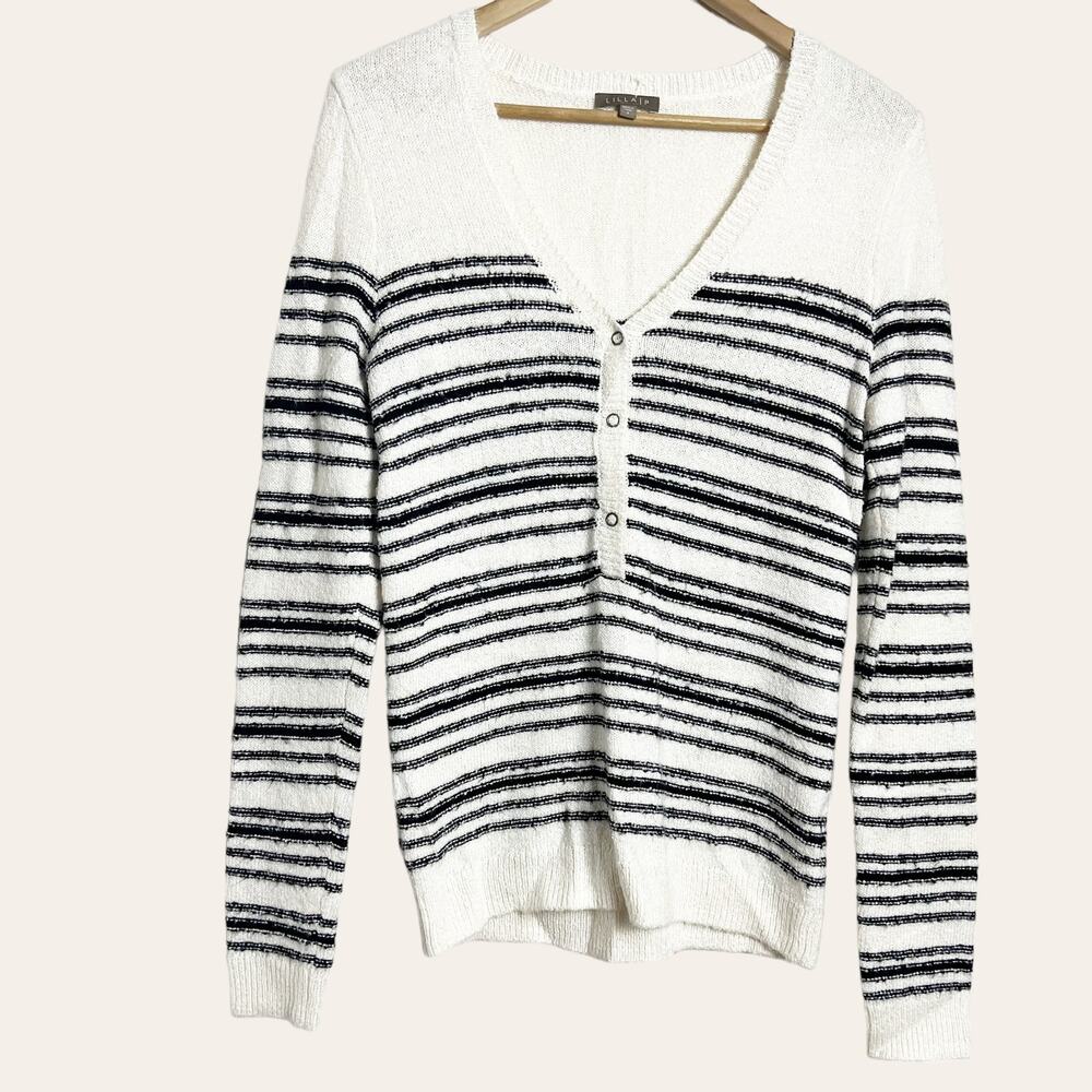Anthropologie Lilla P White Black Striped V-Neck Henley Pullover Sweater Size S